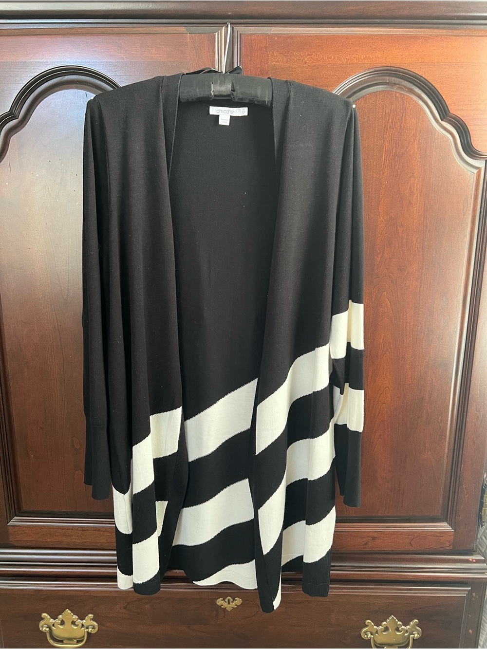 Chico's Black and Cream Diagonal Stripe Open-Front Cardigan